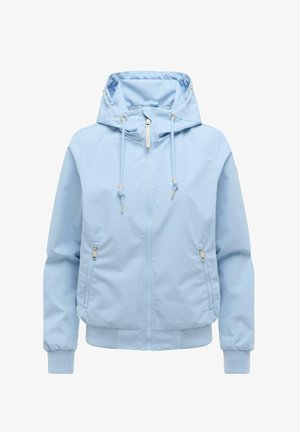 Light blue hooded jacket with front zipper, drawstring hood, zippered side pockets, and ribbed cuffs and hem.