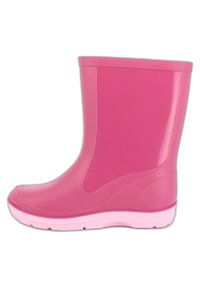 Botte de pluie en caoutchouc rose avec une surface lisse, un bout arrondi, une semelle plate et des détails latéraux subtils ; conçue pour une protection imperméable.