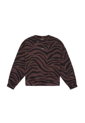 Brązowa i czarna bluza z długim rękawem w panterkę z małym, centralnie umieszczonym logo na piersi.