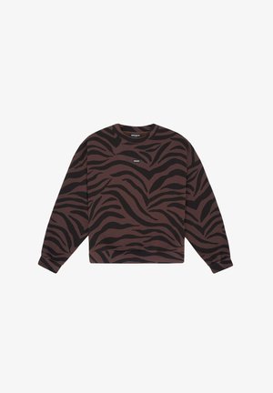 Brązowa i czarna bluza z długim rękawem w panterkę z małym, centralnie umieszczonym logo na piersi.