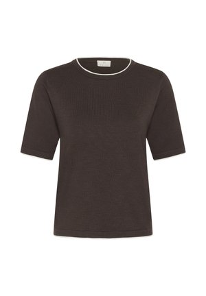 Dunkelbraunes Strickoberteil mit kurzen Ärmeln und weißer Einfassung am runden Ausschnitt, dargestellt vor weißem Hintergrund.