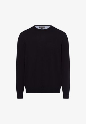 Pull en tricot noir avec un col rond et des manches longues. Doté de poignets et d'un ourlet côtelés. Fabriqué à partir d'un tissu doux et léger.