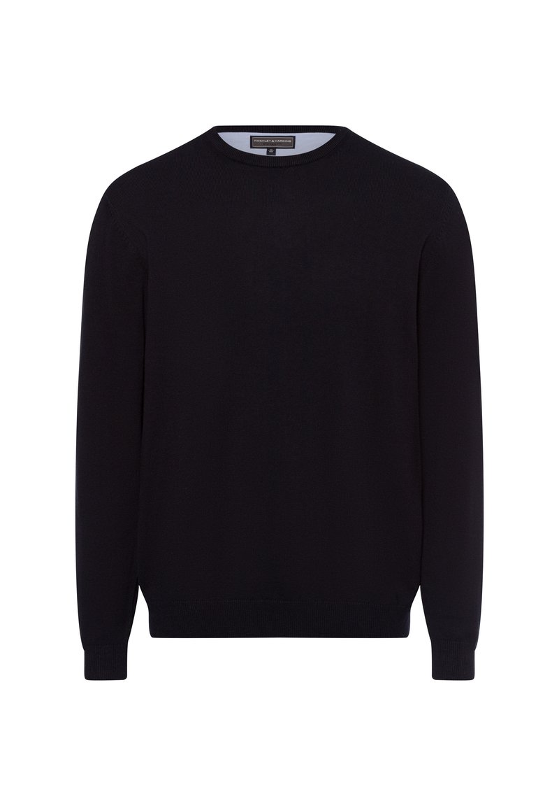 Schwarzer Strickpullover mit rundem Halsausschnitt und langen Ärmeln. Mit gerippten Bündchen und Saum. Hergestellt aus einem weichen, leichten Stoff.