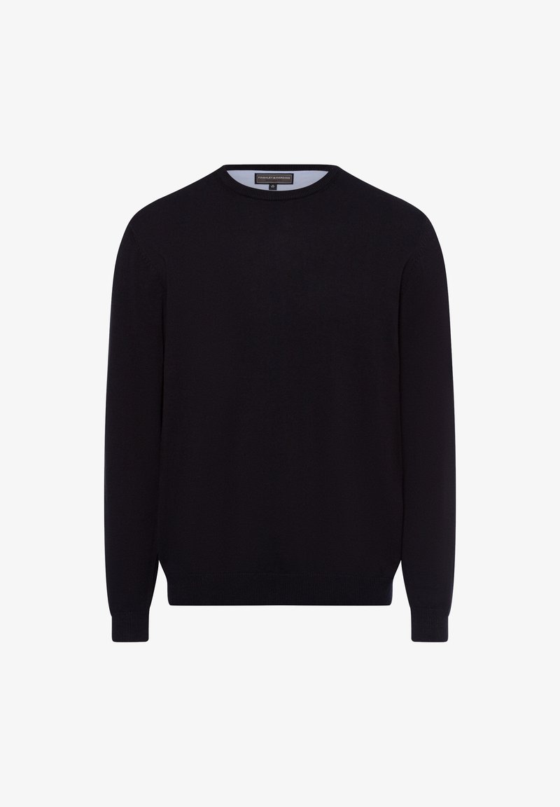 Schwarzer Strickpullover mit rundem Halsausschnitt und langen Ärmeln. Mit gerippten Bündchen und Saum. Hergestellt aus einem weichen, leichten Stoff.