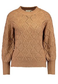 Maglione a maglia in marrone chiaro con motivi a rombi, scollatura rotonda e maniche lunghe. Presenta un orlo a coste e una lavorazione a maglia aperta per aggiungere texture.