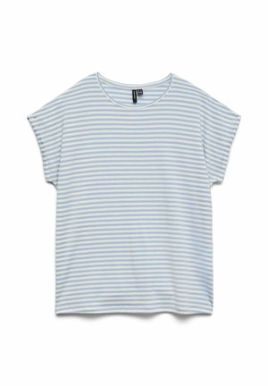 Lichtblauw en wit horizontaal gestreept T-shirt met korte mouwen en een ronde hals, plat weergegeven op een witte achtergrond.