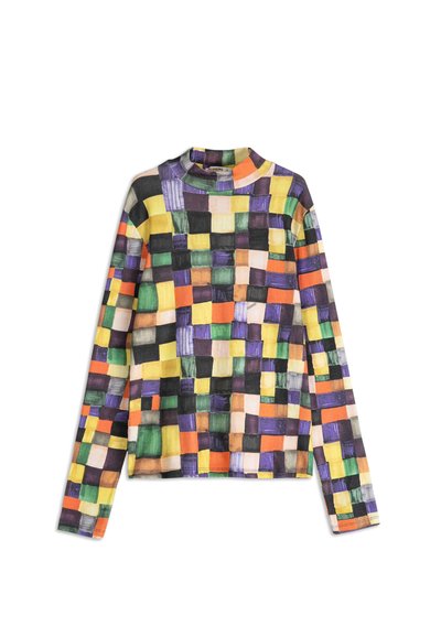 Long-sleeve turtleneck made of soft fabric, features a multicolored checkered pattern in green, yellow, orange, purple, and black.