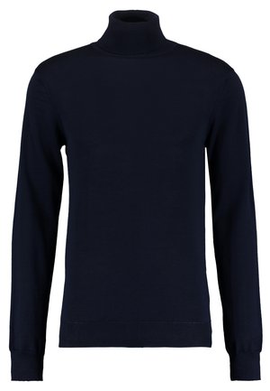 Jersey de cuello alto en color navy, hecho de una suave tela de punto. Cuenta con mangas largas y detalles acanalados en el cuello y los puños. Diseño sencillo.