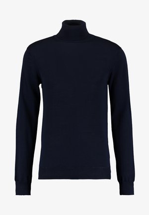 Marineblå høyhalset genser laget av mykt, strikket stoff. Har lange ermer og ribbestrikkede detaljer ved kragen og mansjettene. Enkel design.