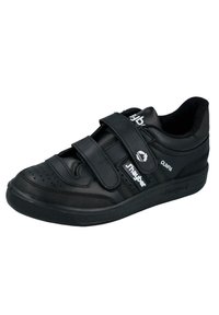 Zapatilla deportiva negra con dos tiras de Velcro, puntera perforada y suela de goma. Presenta la marca "J'hayber" en el lateral y en el talón.