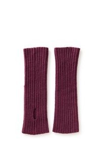 Muffole in maglia bordeaux con texture a coste, dotate di un'apertura per il pollice e un design morbido e elasticizzato.