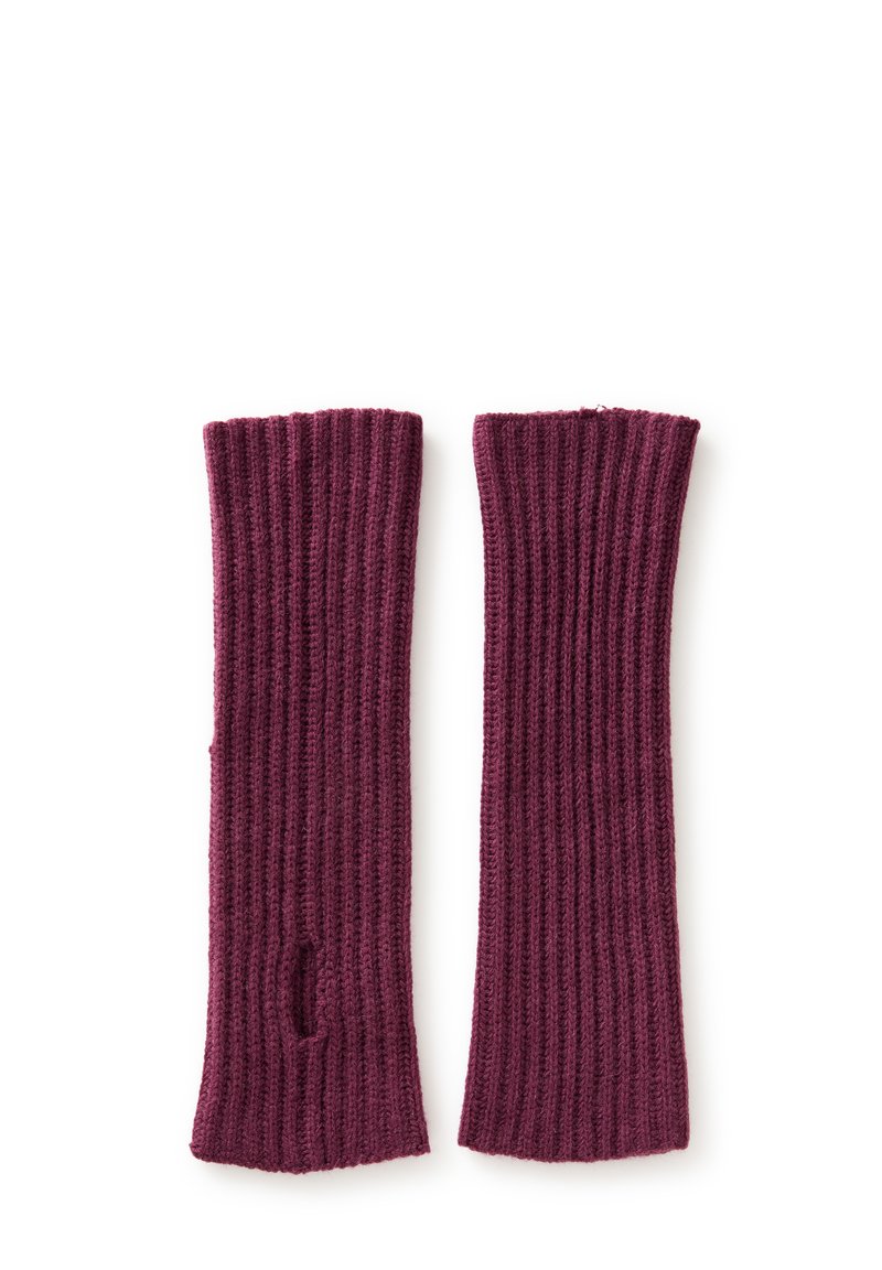Muffole in maglia bordeaux con texture a coste, dotate di un'apertura per il pollice e un design morbido e elasticizzato.