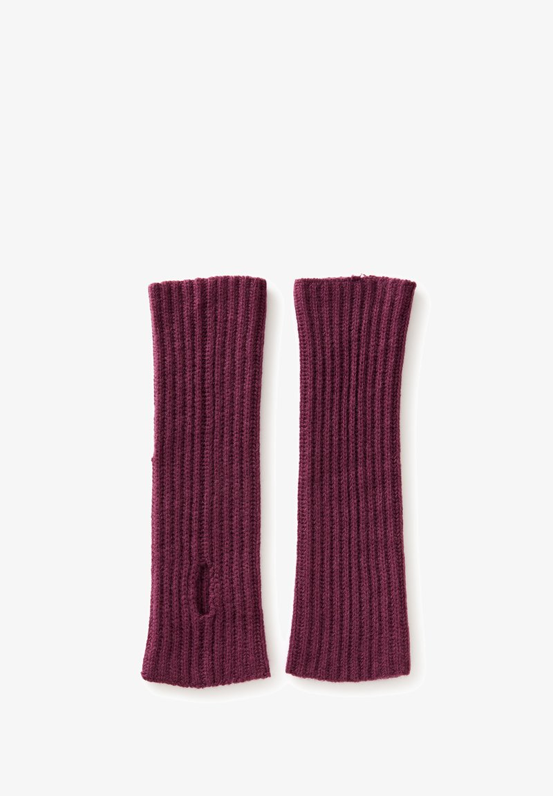 Bordeaux gebreide armwarmers met een geribbelde structuur, voorzien van een duimopening en een zachte, rekbare ontwerp.