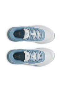 Light blue and white athletic shoes featuring mesh panels, round laces, and a padded collar. The sole is textured for grip.