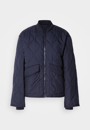 Navy quilted bomber jacket with ribbed cuffs, a high collar, and two front pockets. Features a smooth texture and a zipper closure.