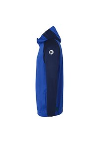Blaues Jackett mit Kapuze, ausgestattet mit navyfarbenen Ärmeln, elastischen Bündchen, seitlichen Taschen und einem Logo auf der rechten Schulter. Glatte Textur.