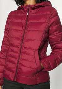 Bordeauxfarvet polstret jakke med hætte, med vandrette syninger, foran lynlås og sidelommer. Glat, skinnende stoftekstur.