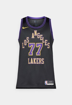 Zwarte basketbaltrui met paarse accenten, voorzien van "LOS ANGELES" en "77" in vetgele letters en een NBA-logo label onderaan.