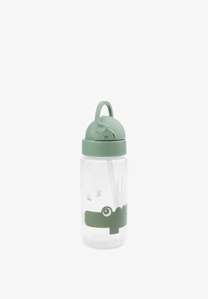 Barns klarvandsflaske med grønt låg, der har et elefanthåndtag og et krokodilledesign på flaskens krop samt to små insekter.