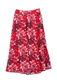 Gonna maxi svasata con vita alta, presenta un motivo floreale in tonalità di rosso e rosa su sfondo bianco, realizzata in tessuto leggero.