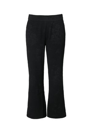 Pantaloni neri svasati realizzati in tessuto testurizzato, con una cintura ampia e un sottile motivo floreale su tutta la superficie.