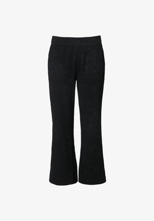 Pantaloni neri svasati realizzati in tessuto testurizzato, con una cintura ampia e un sottile motivo floreale su tutta la superficie.