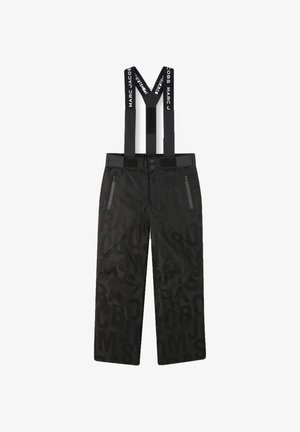 Pantalons de neige noirs avec bretelles réglables de la marque "MARC JACOBS", dotés de poches zippées à l'avant et d'un subtil motif de lettres sur toute la surface.