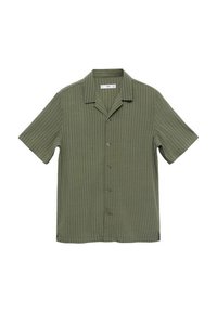 Short-sleeve shirt in olive green with vertical white stripes, featuring a notched collar and five buttons down the front. Soft texture.