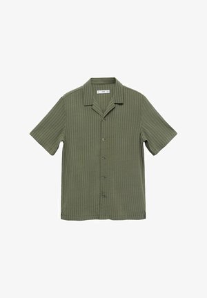 Short-sleeve shirt in olive green with vertical white stripes, featuring a notched collar and five buttons down the front. Soft texture.