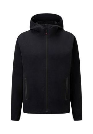 Black waterproof jacket with a hood, front zipper, and side pockets. Features a smooth texture and minimalist design with no visible logos.