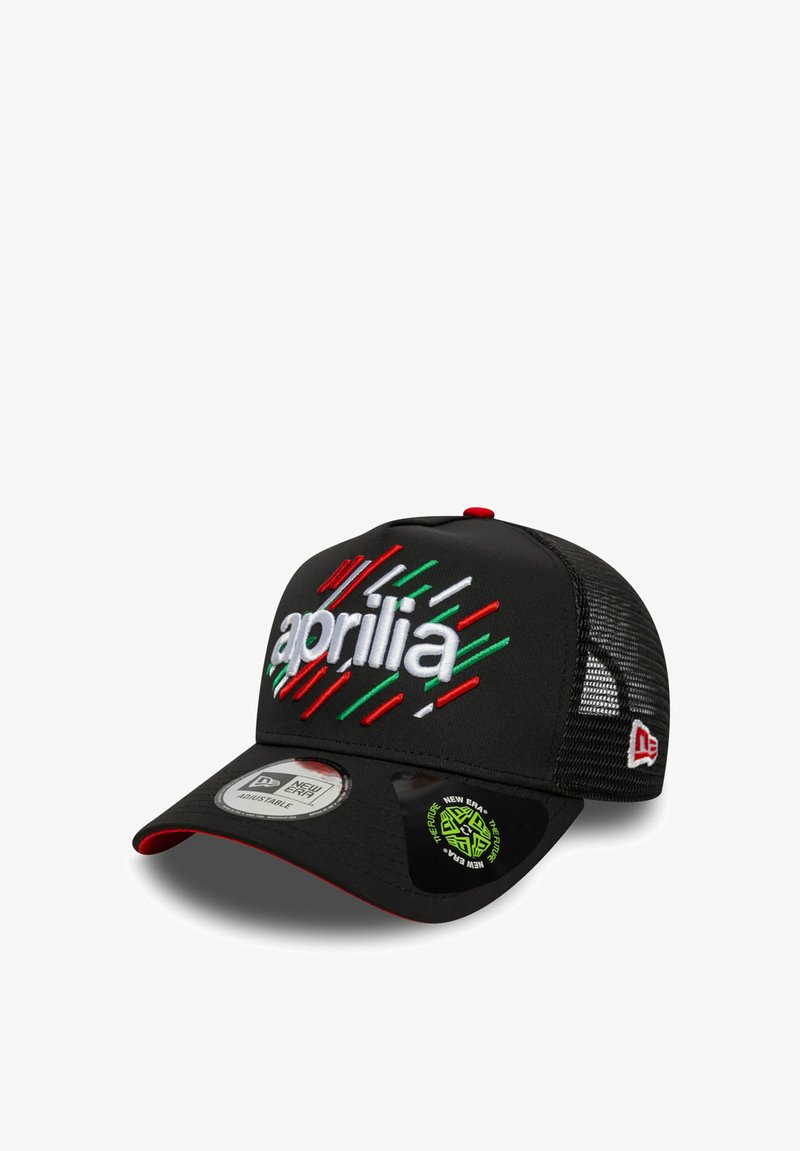 Black cap with adjustable mesh back, featuring white "aprilia" logo and colorful stripes in red, white, and green on the front.