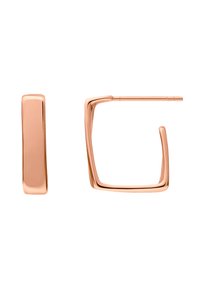 Boucles d'oreilles en métal rose doré avec un design rectangulaire élégant, une finition lisse et un accent légèrement courbé.