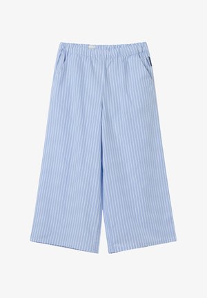 Vaalean siniset lyhyet housut, joissa on ohuita valkoisia raitoja, joustava vyötärö, kaksi sivutaskua, sileä rakenne ja leveä, rento malli.