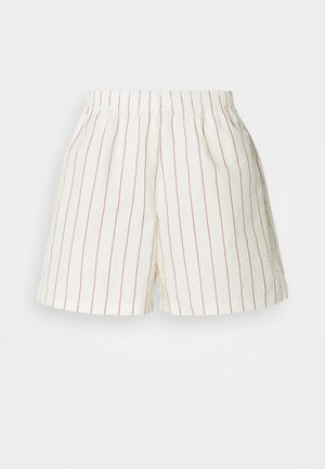 Weiße Shorts mit roten vertikalen Streifen, ausgestattet mit einem elastischen Bund und einem lässigen Schnitt. Hergestellt aus einem leichten Baumwollmaterial.