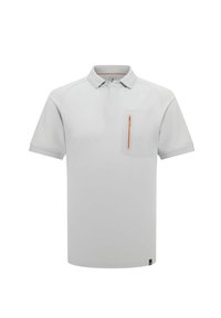 Polo shirt grigio chiaro con colletto, maniche corte e taschino sul petto con zipper arancione. Texture liscia e vestibilità regolare.