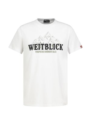 Weißes kurzärmeliges T-Shirt mit Bergskizze und den Texten "WEITBLICK" sowie "PERSPEKTIVE VERÄNDERT ALLES" in schwarzer und grüner Schrift.