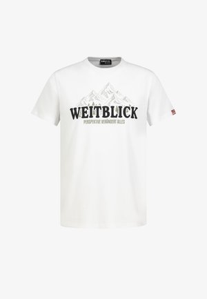 White short-sleeve t-shirt with mountain sketch and text "WEITBLICK" and "PERSPEKTIVE VERÄNDERT ALLES" in black and green lettering.