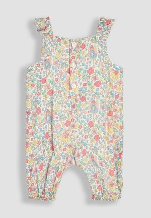 Lillelilleline kombinesoon, millel on pastellvärvides muster koos roosa, kollase ja sinise lilledega. Klambervarred ja elastsed pahkluud; viie nupuga eesmine kinnistus.