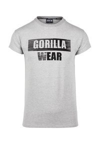 Grijs katoenen t-shirt met korte mouwen en een ronde hals. Op de voorkant staat een gedurfde zwarte "GORILLA WEAR"-logo in een horizontale lay-out.