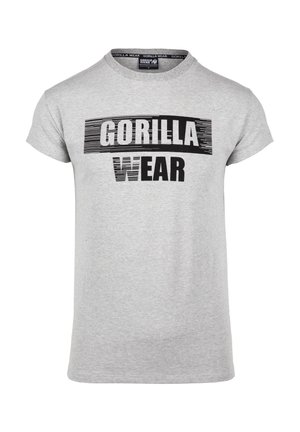 Gray cotton T-shirt featuring a rounded neck, short sleeves, and bold black text reading “GORILLA WEAR” across the front.