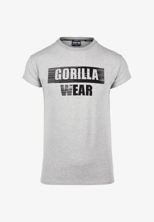 Graues Baumwoll-T-Shirt mit kurzen Ärmeln und Rundhalsausschnitt. Auf der Vorderseite prangt ein markantes schwarzes "GORILLA WEAR"-Logo in horizontaler Anordnung.