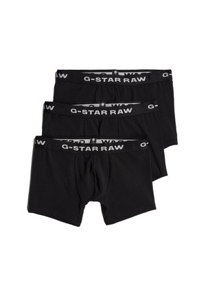 Schwarze Baumwollboxershorts im Dreierpack. Jede Shorts verfügt über einen weißen Logobund mit "G-STAR RAW" und einer glatten Textur auf der gesamten Fläche.