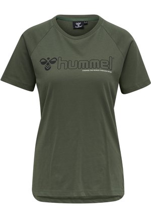 Olive green short-sleeve T-shirt with black "hummel" logo and slogan "CHANGE THE WORLD THROUGH SPORT" on chest.