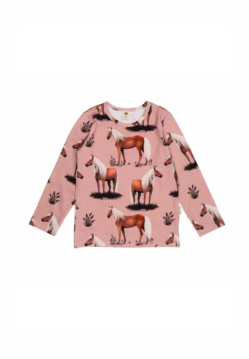 Langärmliges Shirt aus pinkem Stoff mit einem sich wiederholenden Pferdemuster in verschiedenen Posen, ergänzt durch Grasakzente und einen runden Ausschnitt.