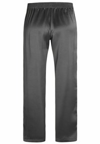 Gray pant made of smooth, lightweight fabric; features an elastic waistband and straight-leg design; no visible patterns or accents.