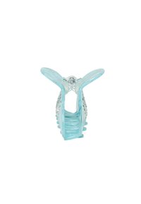 A light blue plastic hair clip with curved arms, embellished with clear rhinestones on the sides, featuring a wavy textured design.