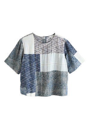 Next, Blouse - blue white patchwork print