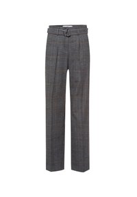 Pantalon à carreaux gris avec taille haute ceinturée. Caractérisé par un devant plissé et une coupe à jambes larges. Tissu texturé avec de fines rayures marron.