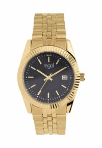 Gold-tone watch with a ribbed bezel, black dial, golden hour markers, and date display. Metal link bracelet, polished finish, classic design.