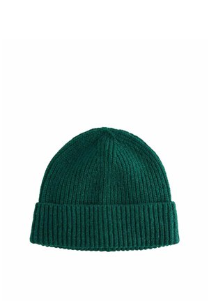 Dark green ribbed knit beanie hat with a folded brim, displayed on a white background.